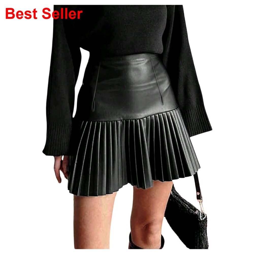 PU Leather Elastic Skirt High Waisted Pleated Club Party Skirt